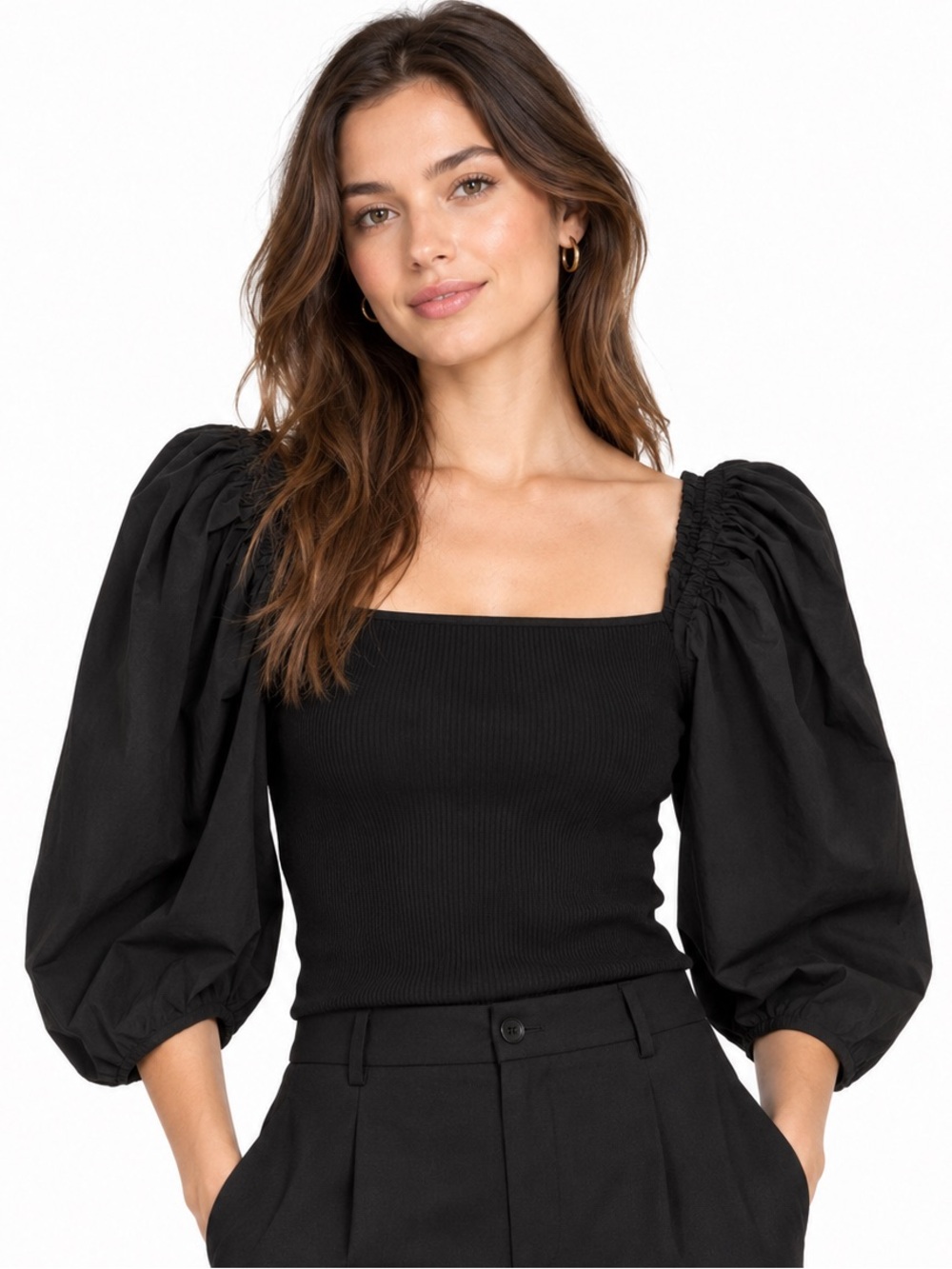 Tanya Taylor Leila Square Neck Puff-Sleeve Top, size M